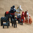 Assorted Dala Horses painted in traditional designs from 18th and 19th century 	carved examples and from Southern Swedish and Dalarna wall hangings . 2- $15.00 3 - $23.00,  4- $33.00